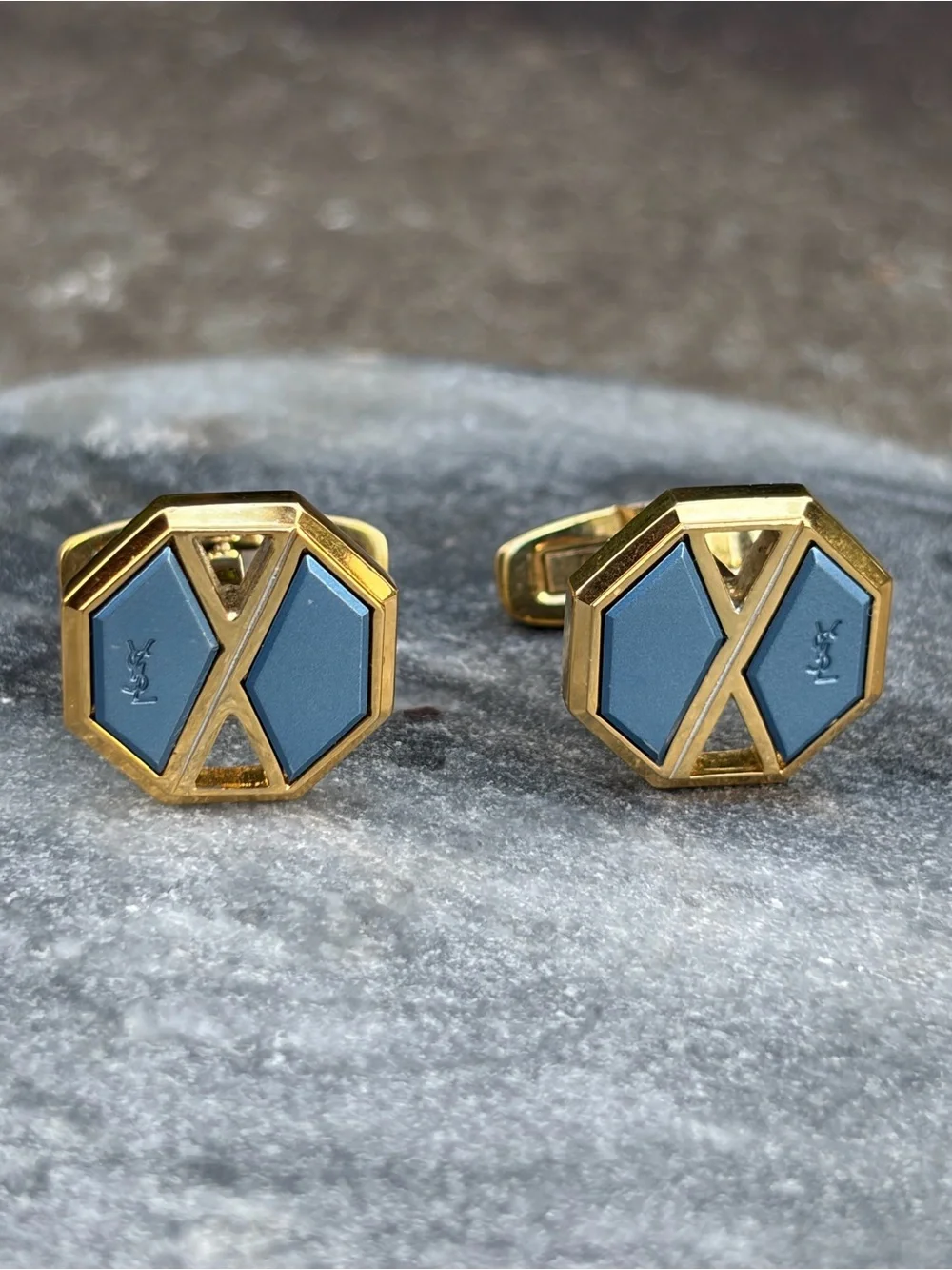 YSL Yves Saint Laurent Gold & Blue Geometric Cufflinks